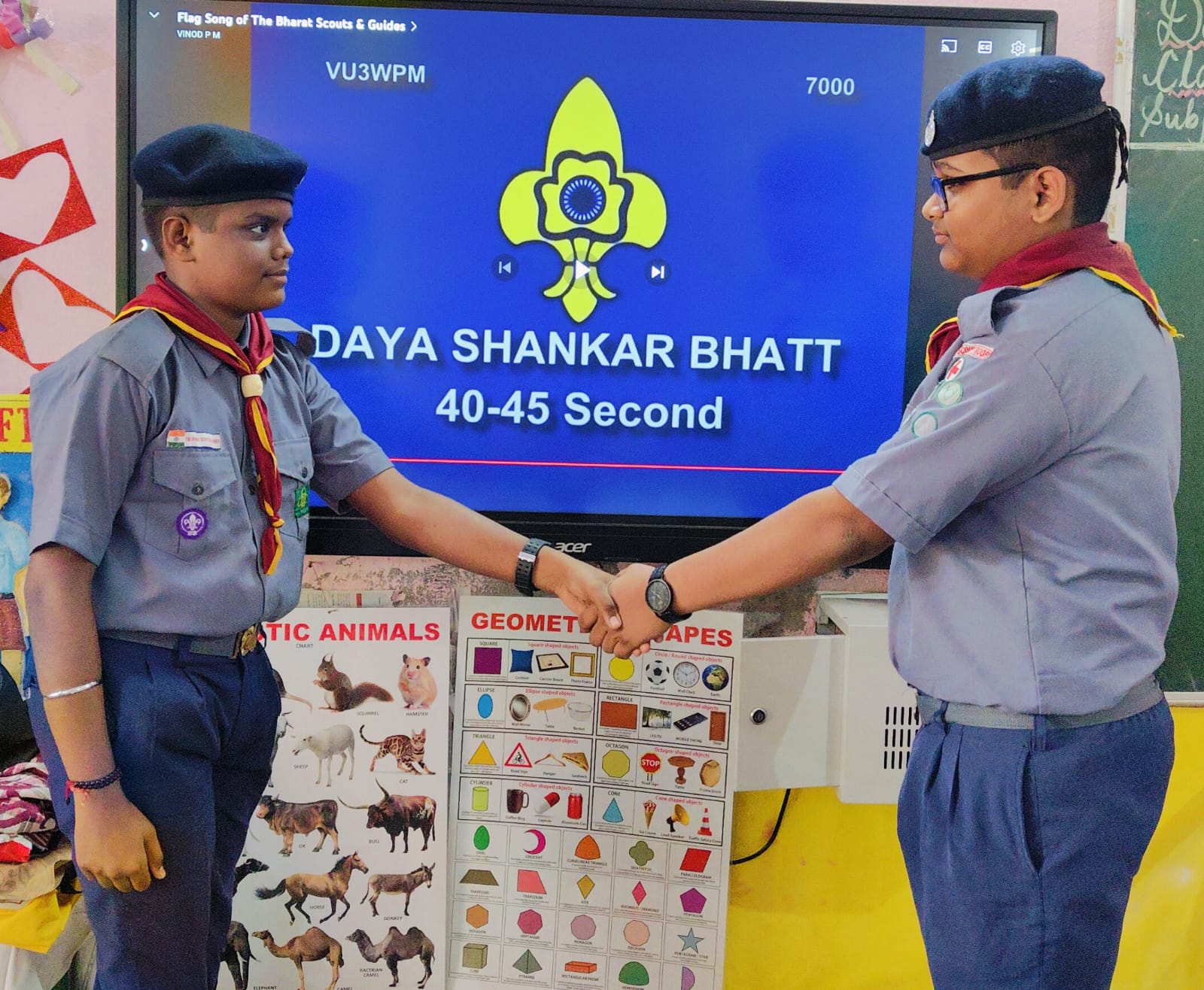 SCOUTS AND GUIDES,  theory  class conducted,  Students  learnt about the history  of  Scouting  and Guiding, S&G Motto, sign, significance of left handshake, salute, law,promise, flag song, prayer song, national anthem and about their uniform .   It was an interactive  session which developed their   interest and were  encouraged  for being  the part of Scout /Guide family.